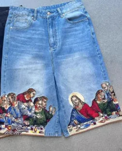 Men's blue cotton tapered shorts with Jesus printed design on back pocket