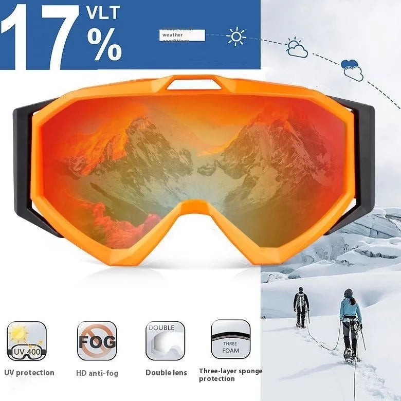 Motorcycle goggles with double layer anti-fog lens in various colour options including black, red and blue frames