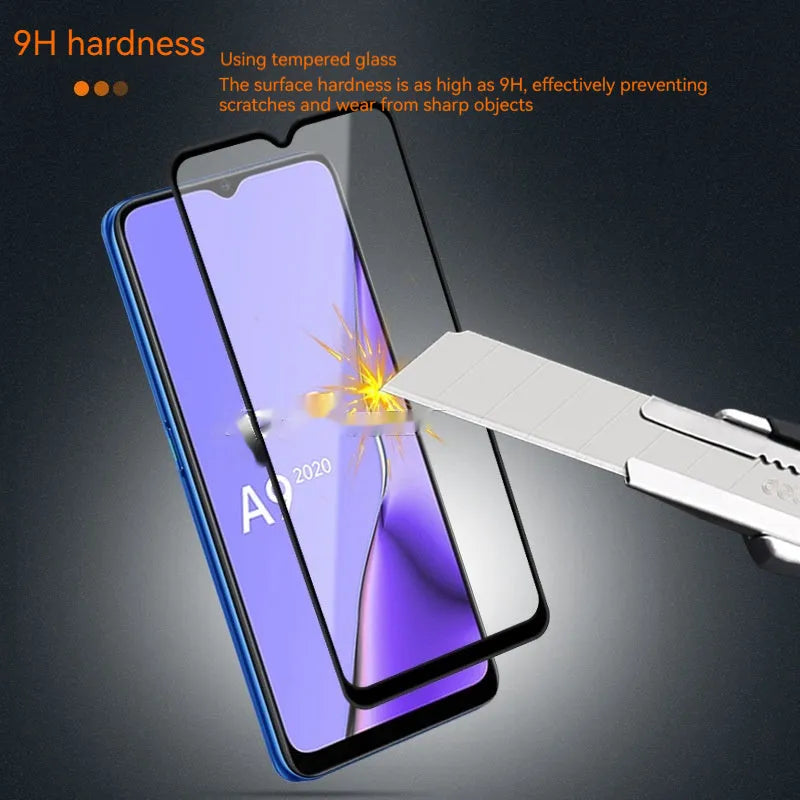 OPPO A9 2020 full screen tempered glass protector with anti-fingerprint coating and full glue application