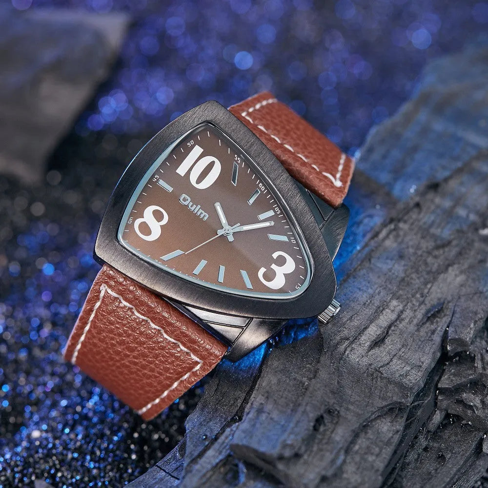 Men's slim casual quartz watch on wrist showing brown, black, or blue colour and 9mm thickness
