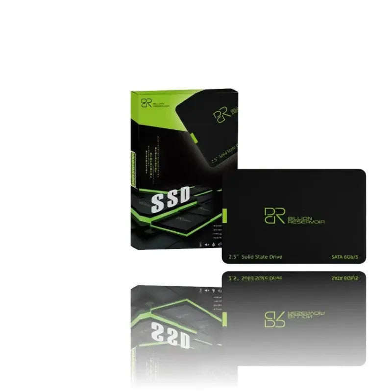 2.5-inch SATA solid state drive with black plastic enclosure showing capacity options