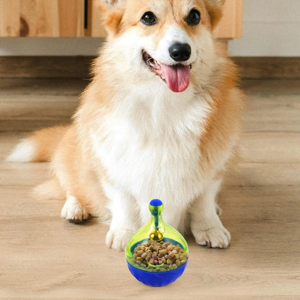 Blue plastic pet treat dispenser tumble ball with treat holes