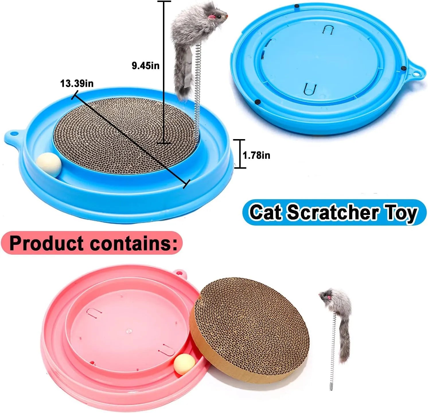 Blue cat scratcher toy with circular ball track and replaceable corrugated cardboard scratching pad