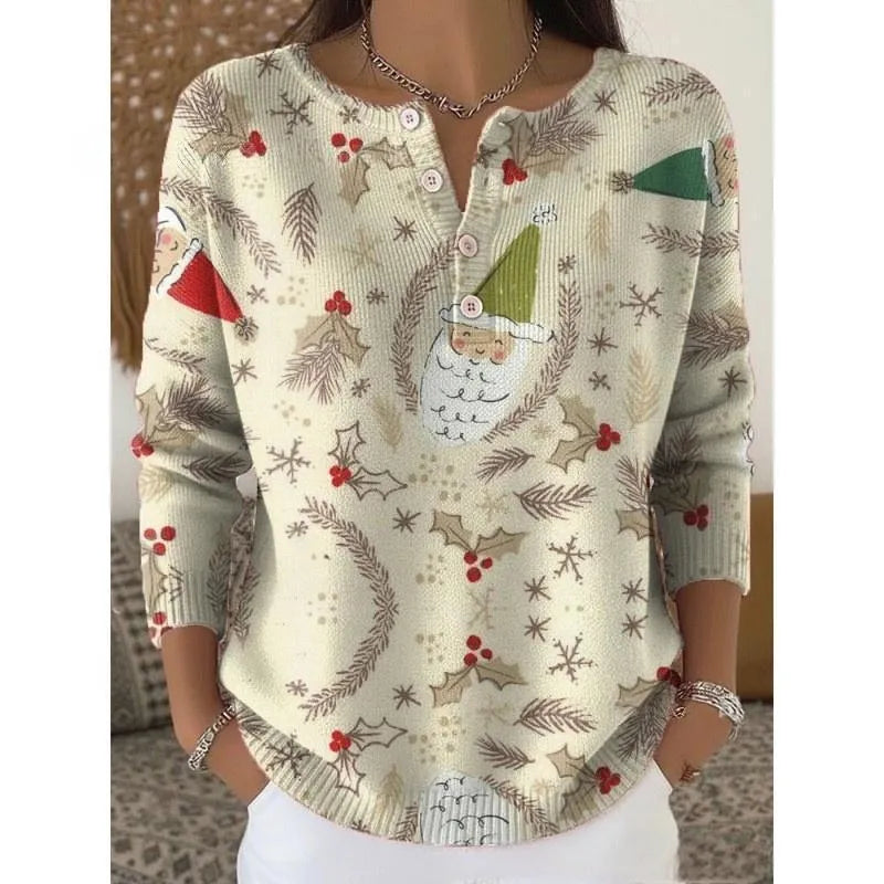 Retro Christmas 3D digital printing T-shirt with four-button stand collar and pullover style, polyester, 50cm length.