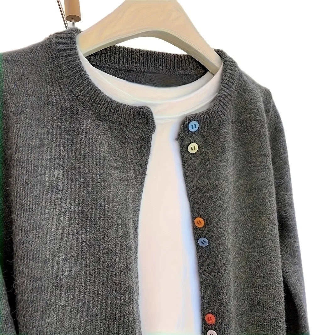 Dark grey women's cardigan sweater with button front, regular length, Asian sizing options
