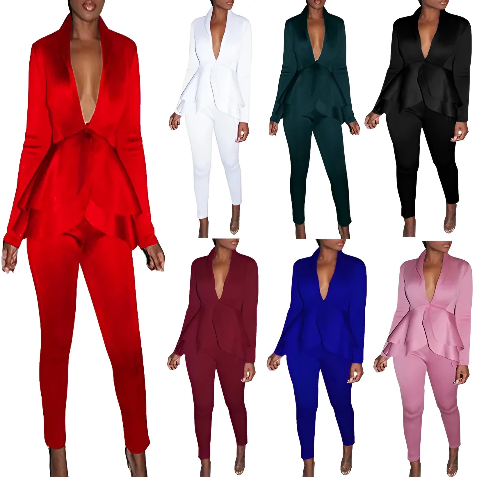 Women's ruffled air layer business casual top and pencil pants set in multiple colours