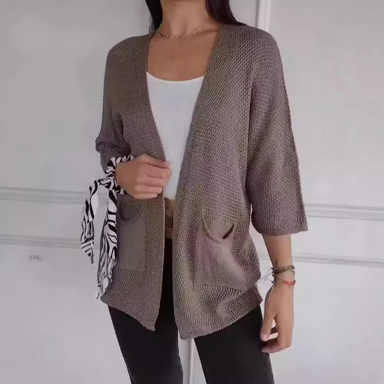 Women's waffle knit cardigan coat in army green with nine-quarter sleeves and front pockets