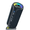 Black and blue fabric wireless Bluetooth speaker with LED lighting showing front controls