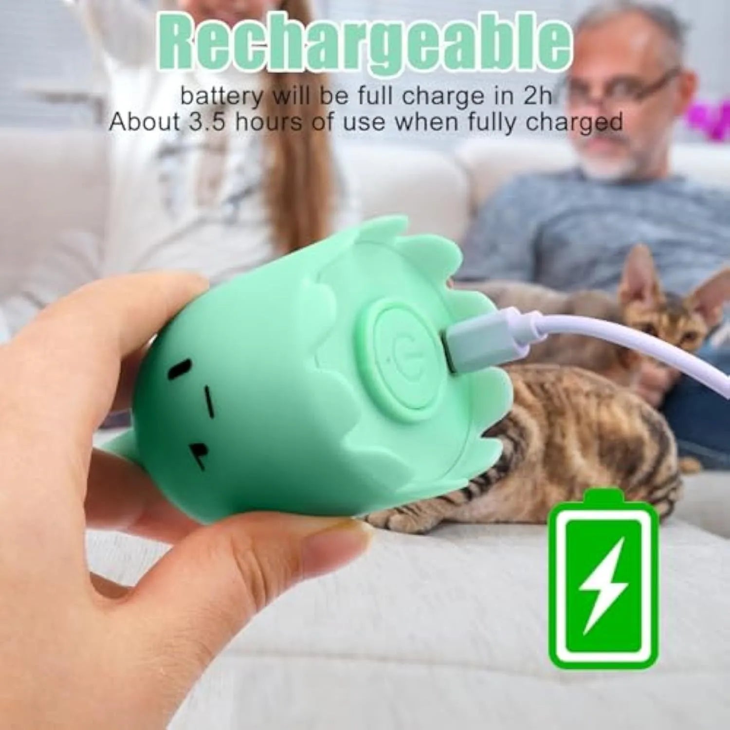 Green electronic cat wand toy with swinging silicone tails for indoor feline play