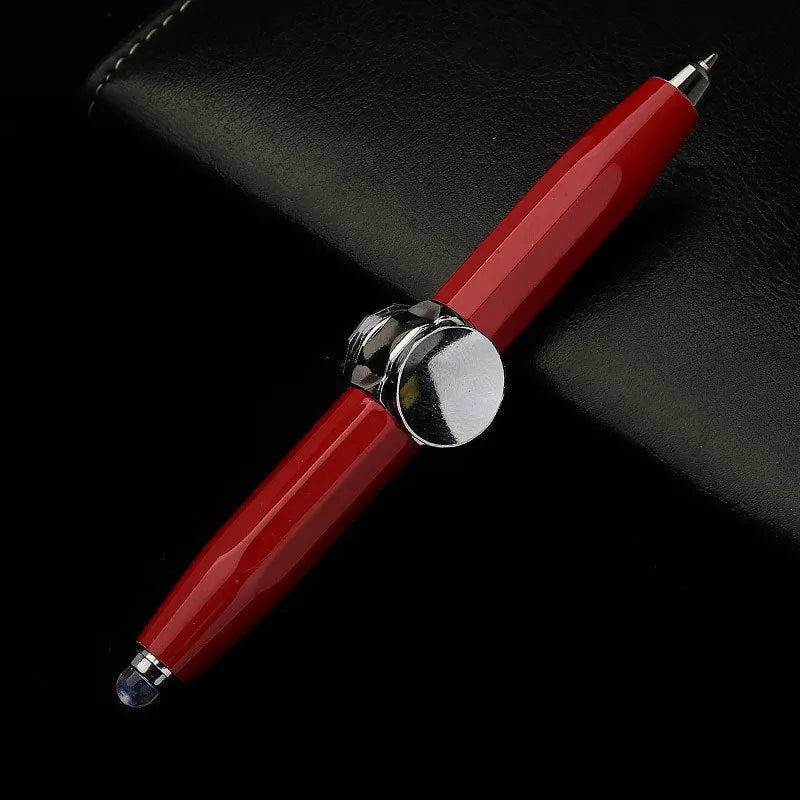 Metal multi-function LED pen with spinning gyro component and ballpoint refill.