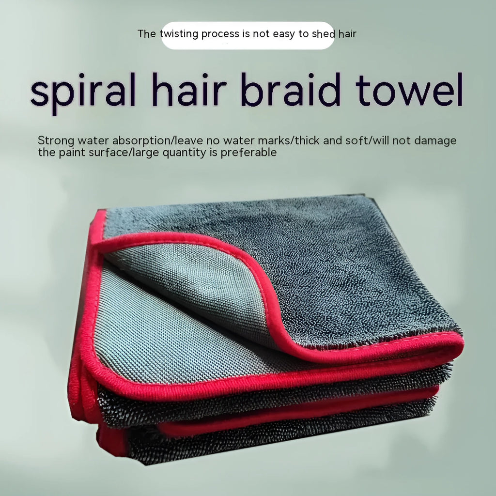 Grey car cleaning cloth with black hemmed edge in multiple size options for vehicle washing