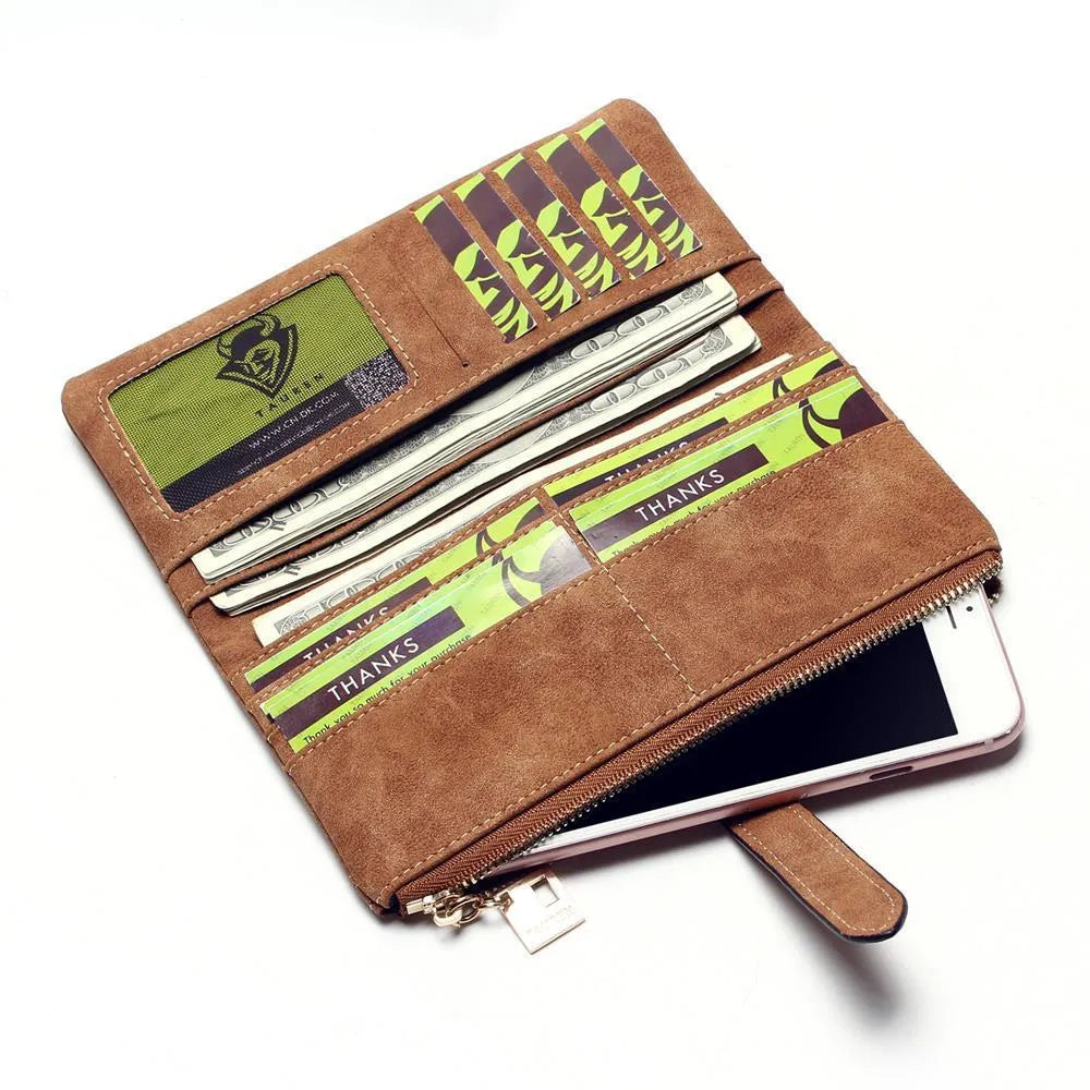 Korean retro style matte PU leather long zip wallet for women in multiple colours showing card slots and coin purse.