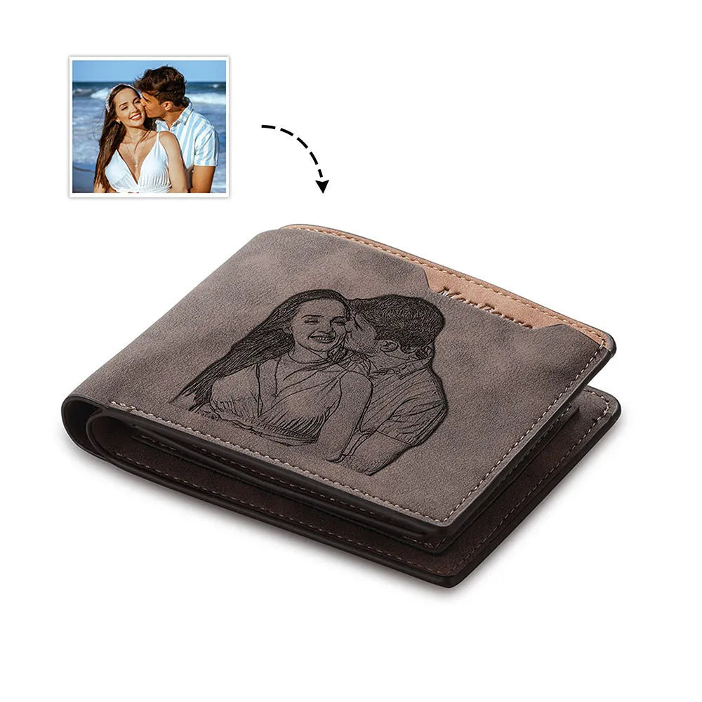 Coffee brown horizontal short wallet made of PU with custom engraving option measuring 120mm x 99mm x 25mm