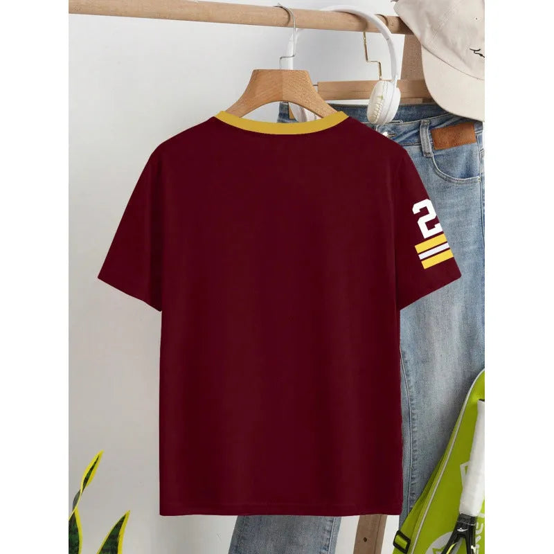 Red cotton t-shirt with white letter print showing loose fit and short sleeve design