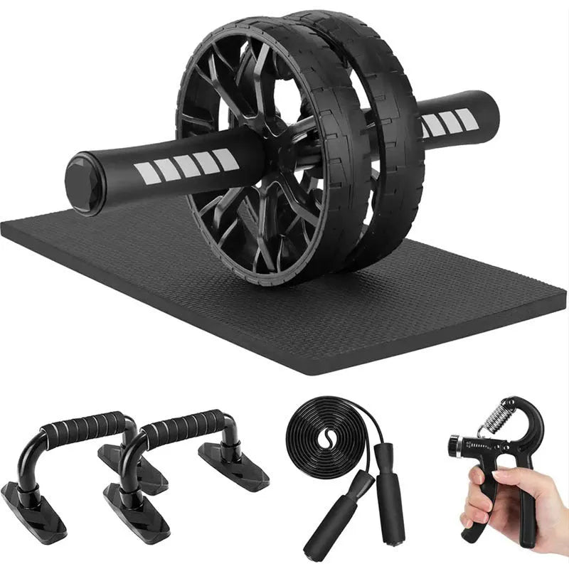 Set of seven abdominal wheel push-up brackets in red, green, black, and blue colours for indoor fitness training.