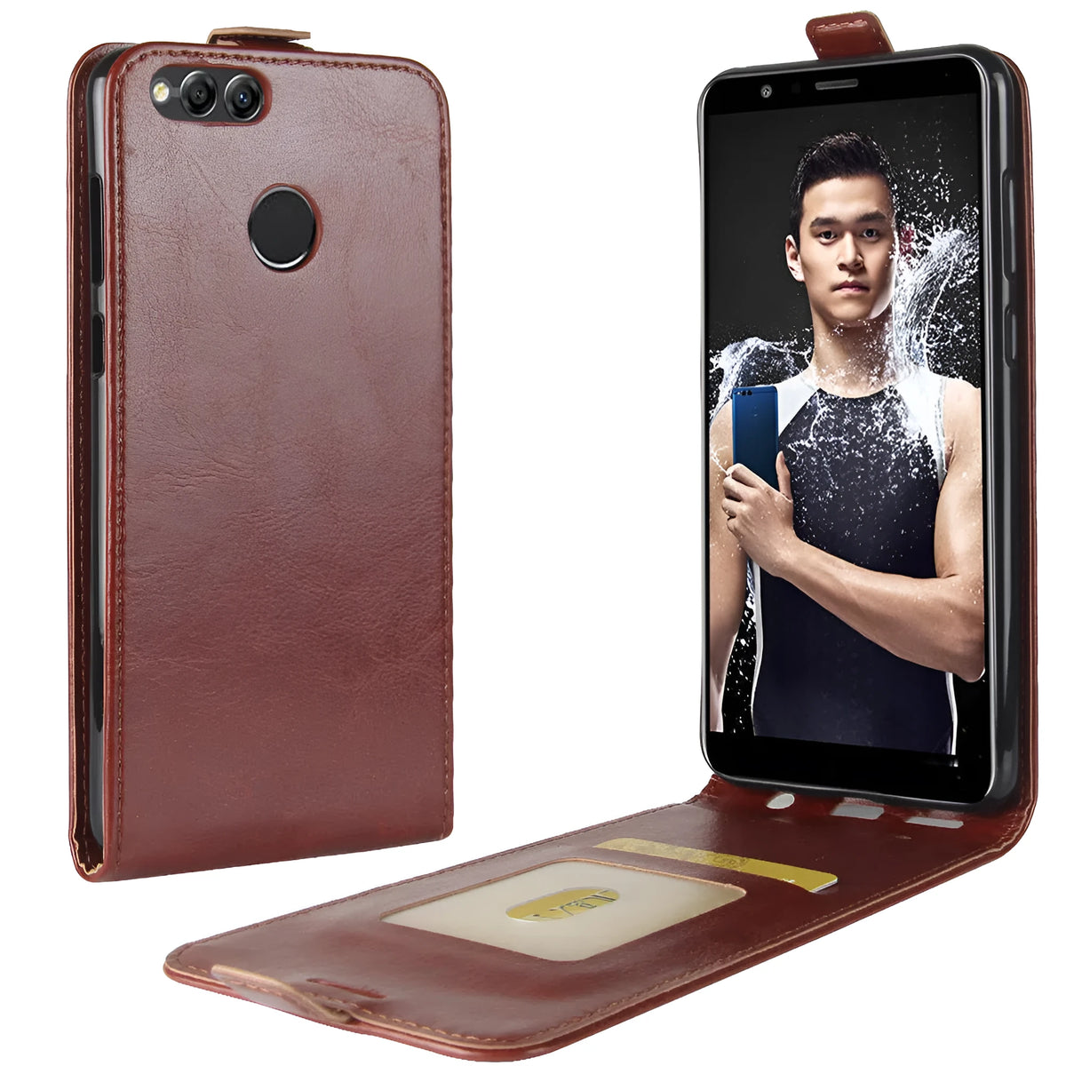 Huawei Honor 7X leather wallet phone case showing card slots and available colour options