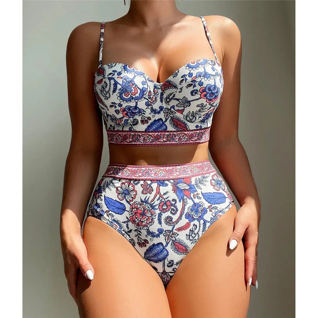 Blue women's high-waisted push-up bikini swimsuit in polyester fabric