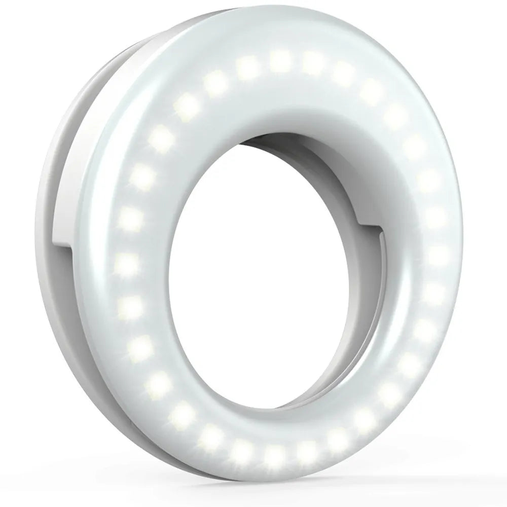 Compact black LED selfie ring light for mobile phones with USB cable.
