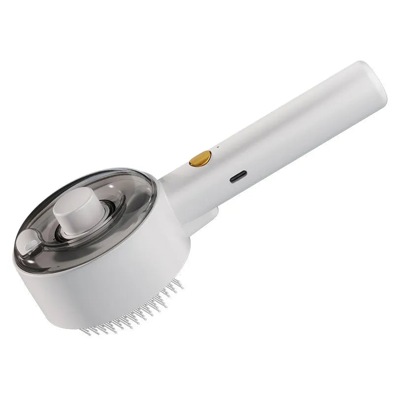 Ceramic white pet grooming brush with mist spray nozzle, UV blue light, and fine needle comb for dogs and cats.