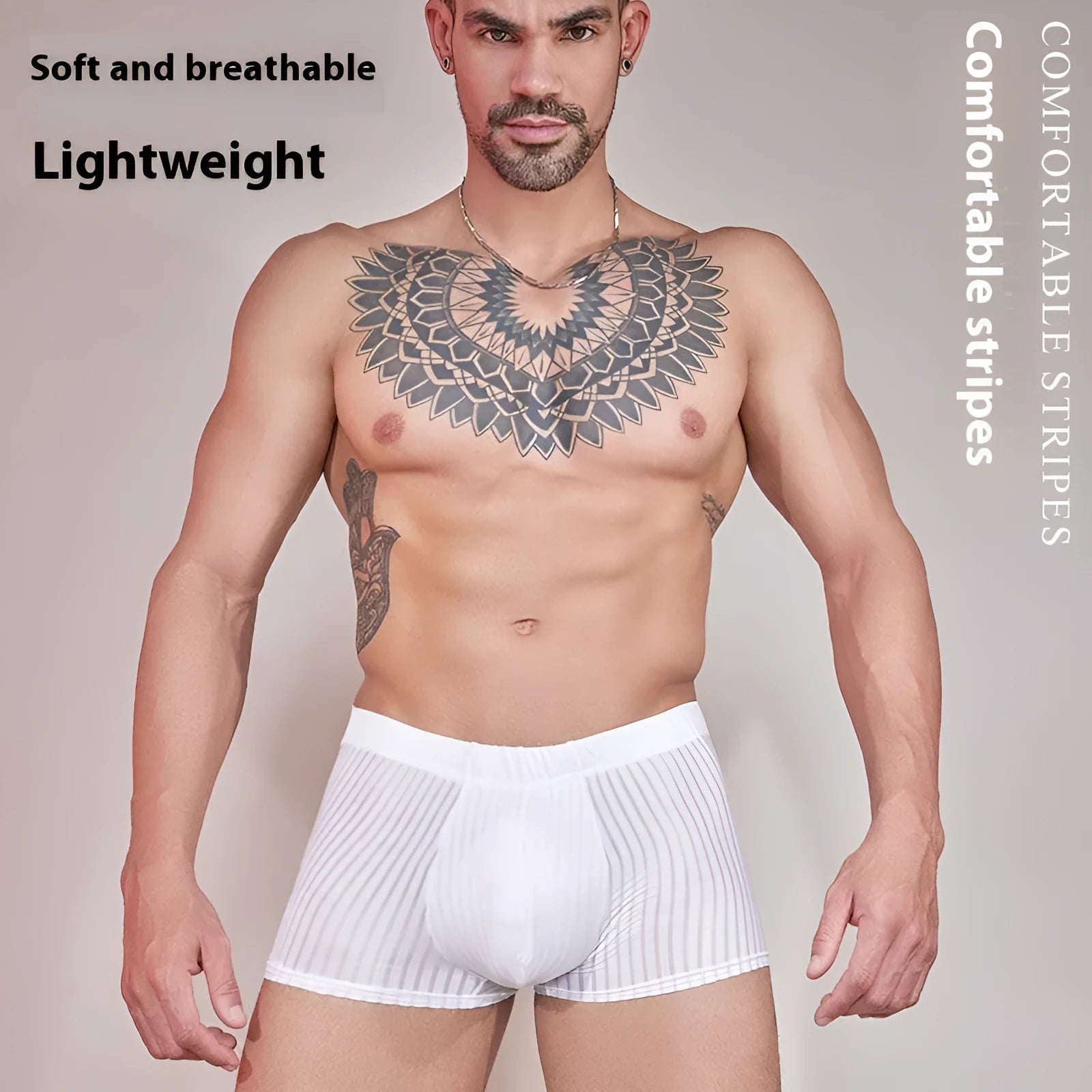 Men's striped underwear in thin transparent nylon, shown in black, dark grey, and white.