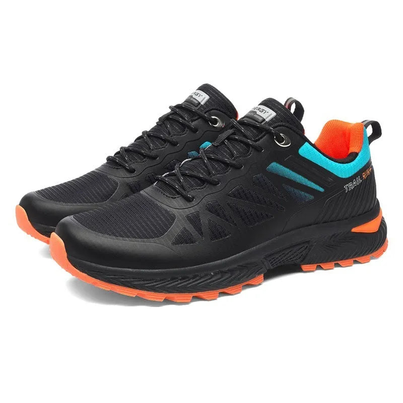 Men's plus size outdoor running shoes with breathable mesh surface in black colour with orange accents