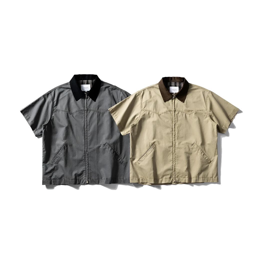 Short sleeve washed overalls shirt in loose fit cotton, khaki and grey colour options