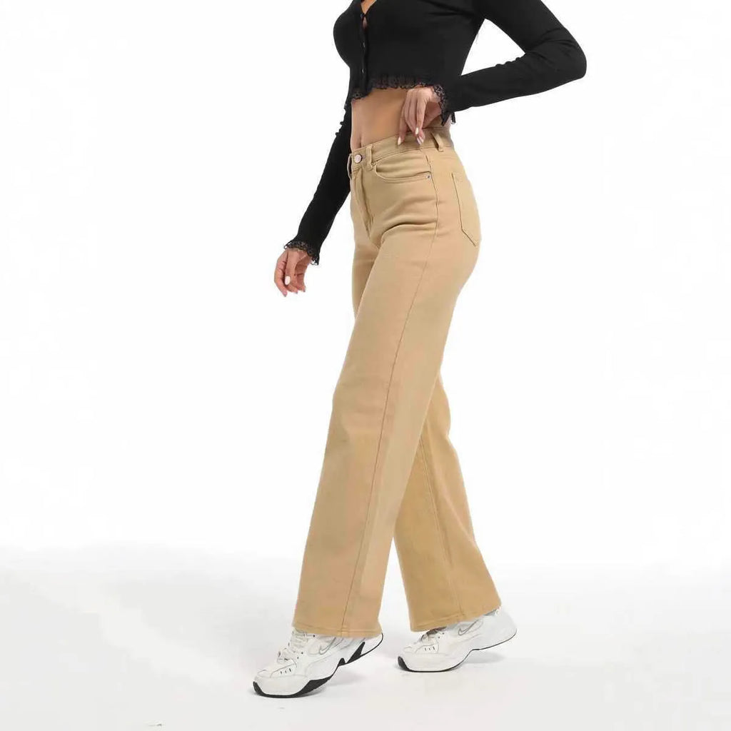 Women's high waist wide leg straight jeans in apricot colour made from high elasticity cotton fabric
