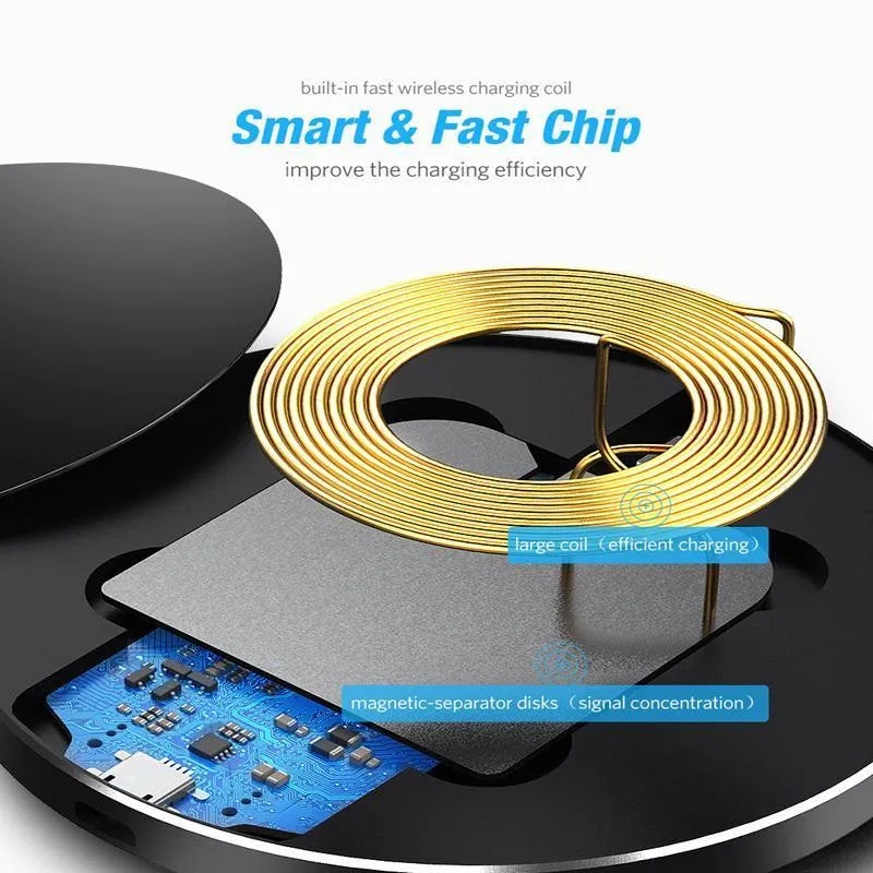 Ultra-thin black square wireless fast charger with USB cable on a table
