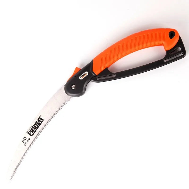 9-inch folding garden saw with TPR grip handle showing extended and folded positions