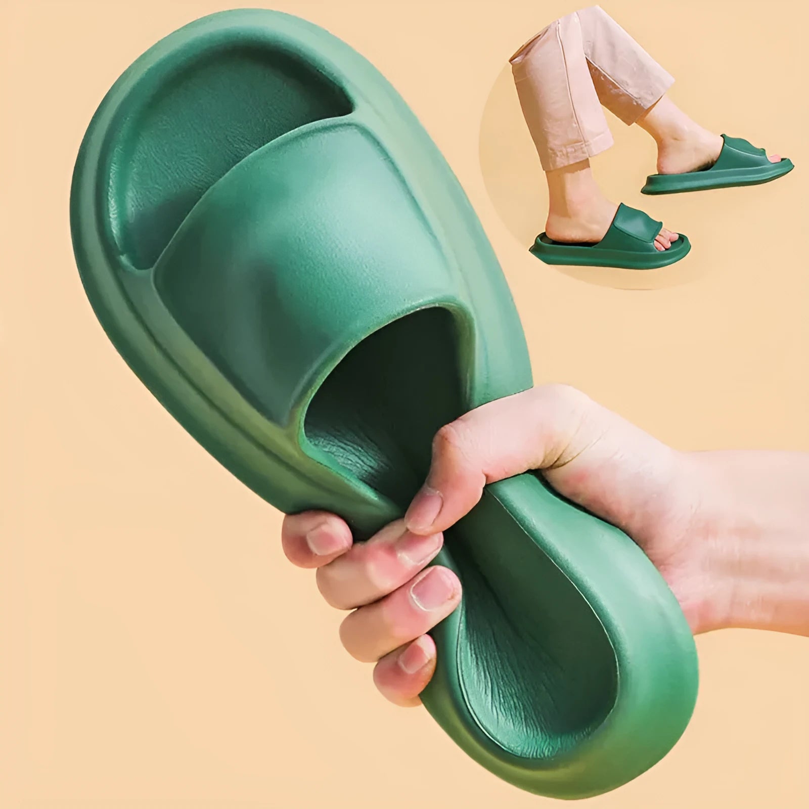 Thickened EVA flip-flop slippers in multiple colours showing the sole thickness.