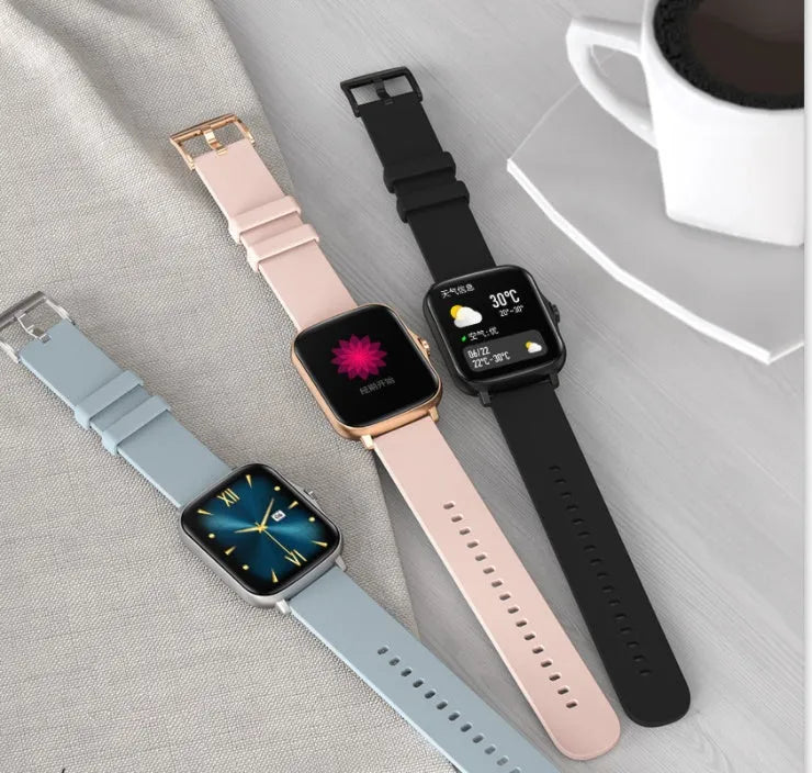 Blue smart watch with 1.7-inch touch screen showing fitness data on wrist