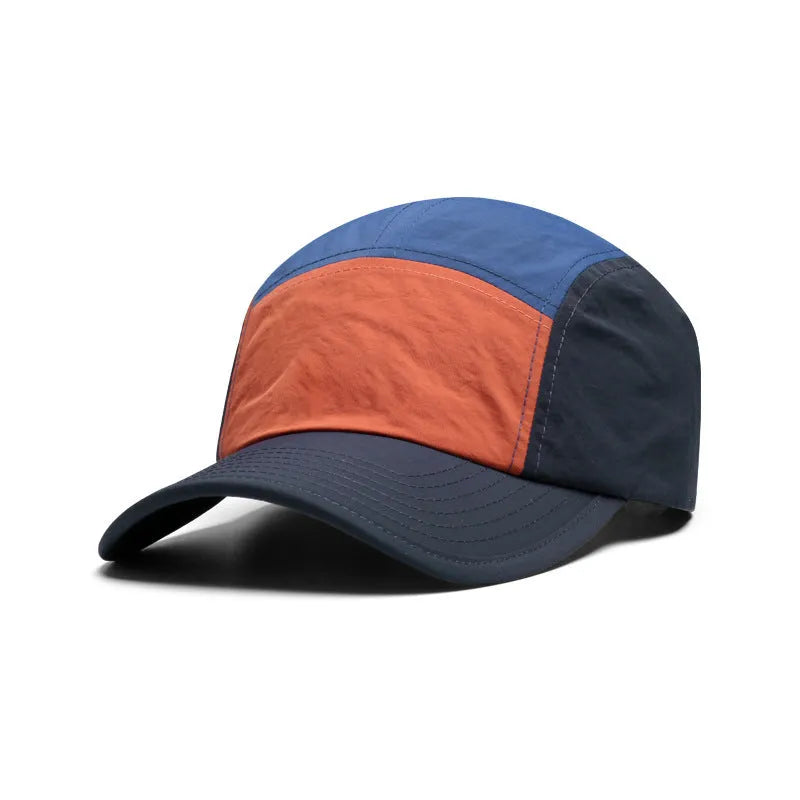 Set of five men's curved brim baseball caps in khaki, army green, orange, and yellow colours.