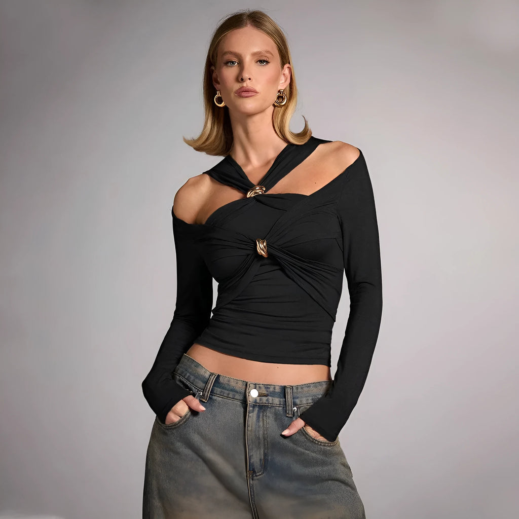 Black polyester women's halter top with long sleeves and shoulder-baring design