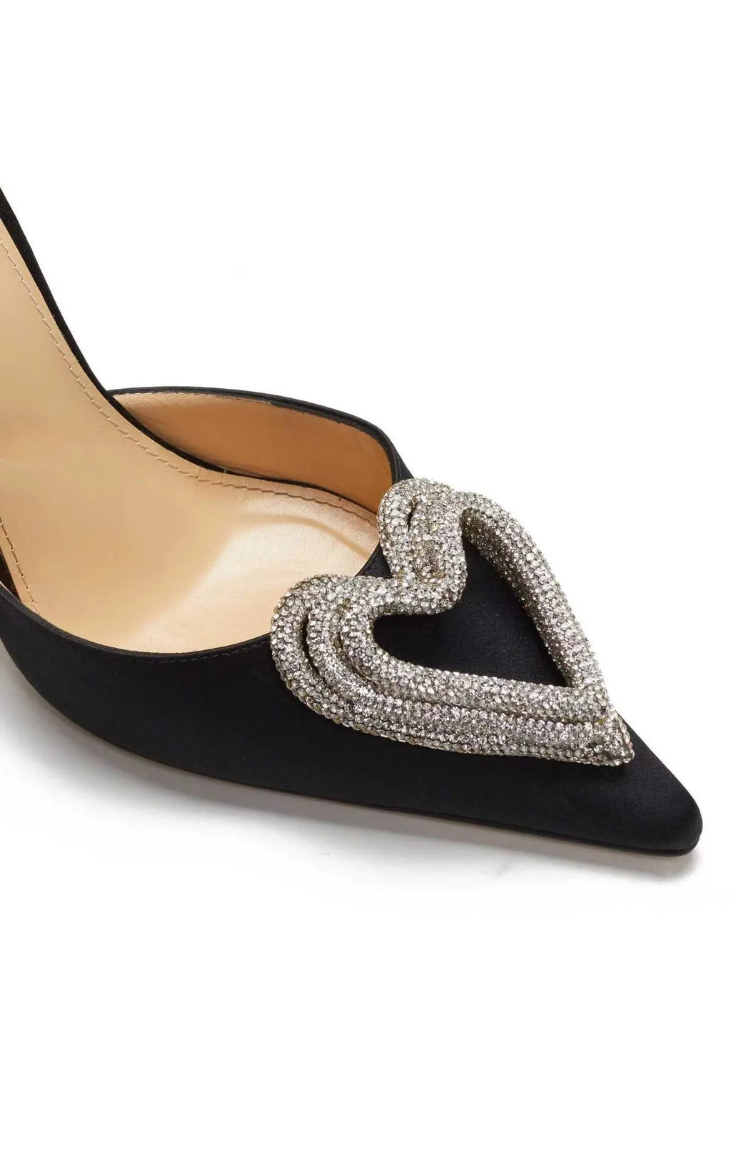 Women's pointed toe satin sandals with heart rhinestone decoration and 9.5cm ribbon ankle strap