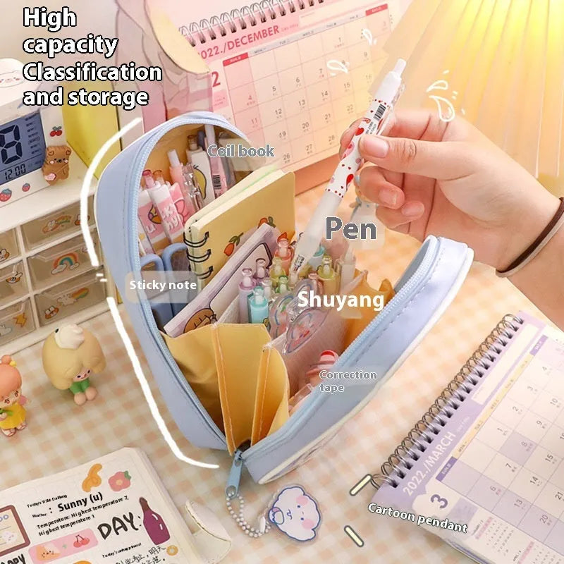Transparent PVC pencil case with Korean cartoon pattern design for school stationery storage