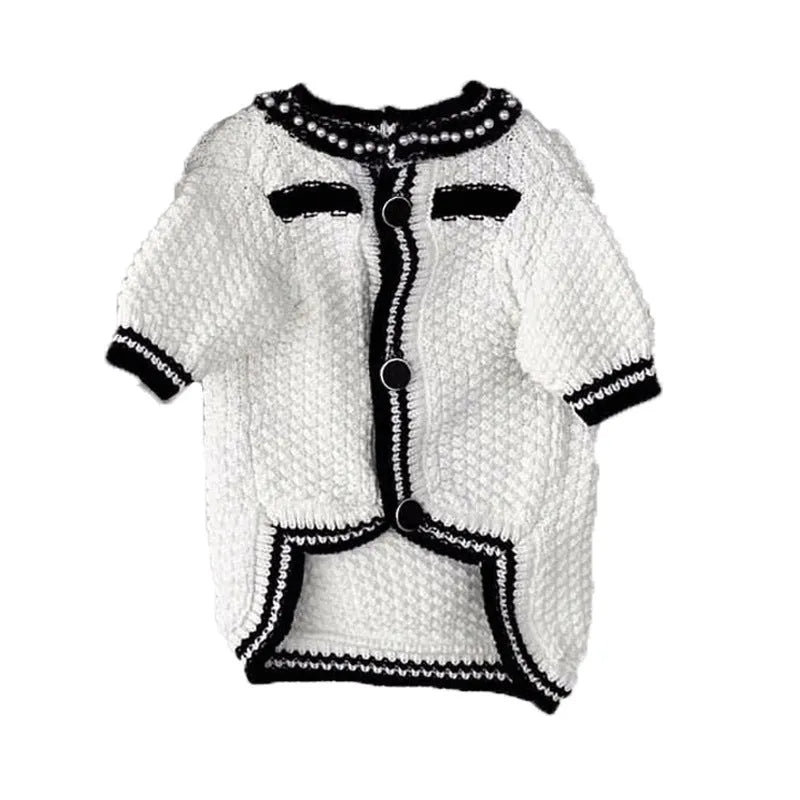 Korean style white dog sweater with pearl collar on small puppy showing princess design details