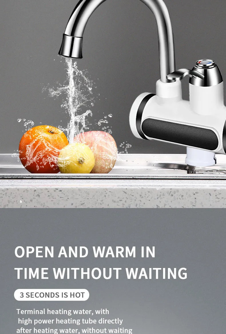 White electric water heater tap with digital temperature display showing instant hot water capability