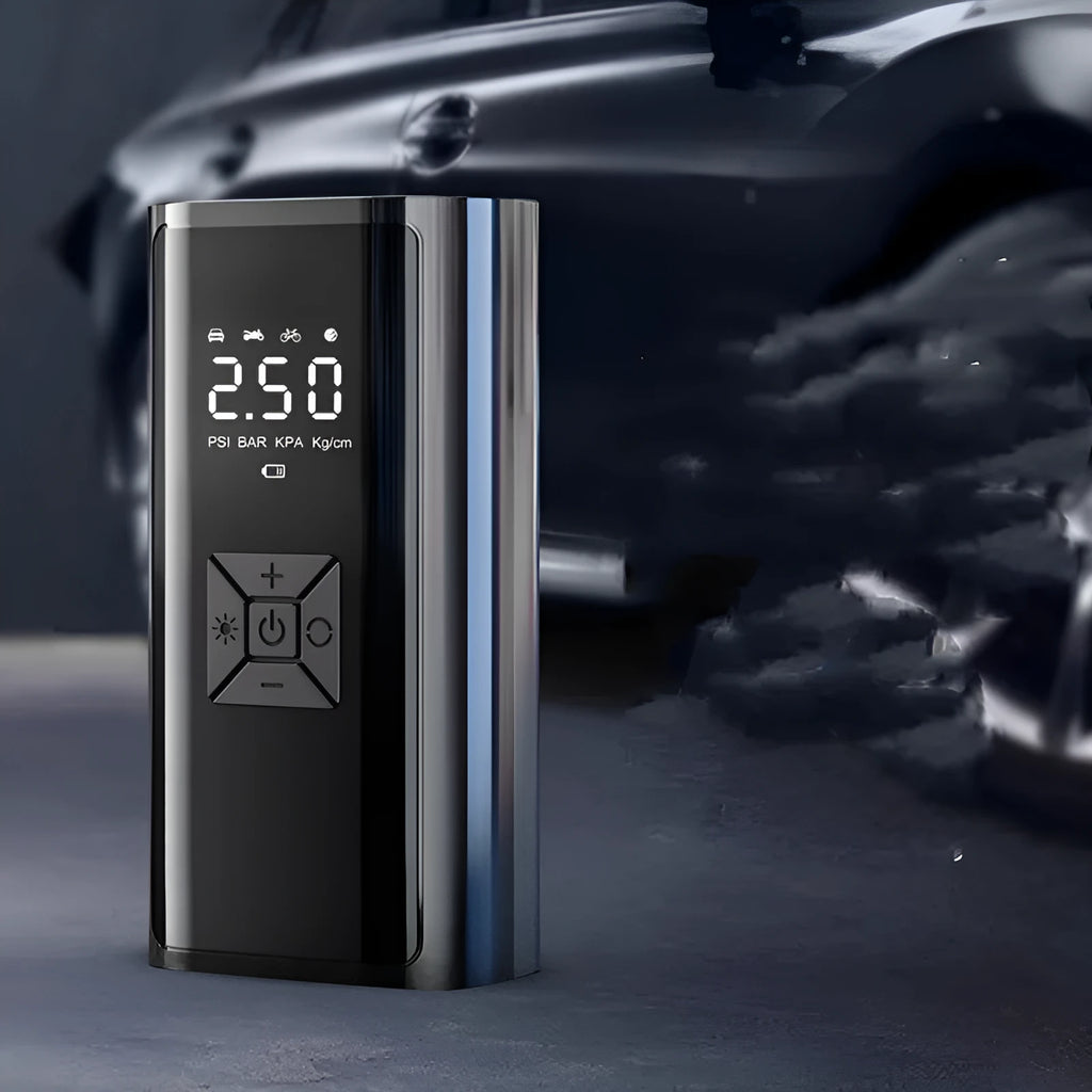 Portable wireless digital display car tyre pump with inflatable tube and power cord