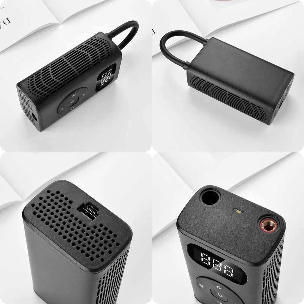 Black aviation material power bank tyre inflator with 16cm tube and USB cable