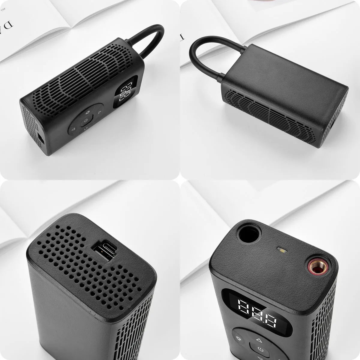 Black aviation material power bank tyre inflator with 16cm tube and USB cable