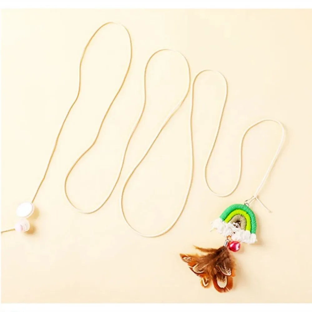 Feather cat rope door swing toy with elastic cord and sticky buckle clamp in multiple colours