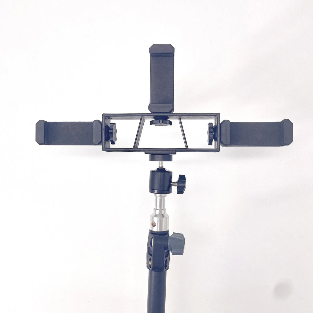 Black retractable mobile phone tripod with 1.1m, 1.6m, and 2.1m heights, metal ABS nylon build, 7kg load.