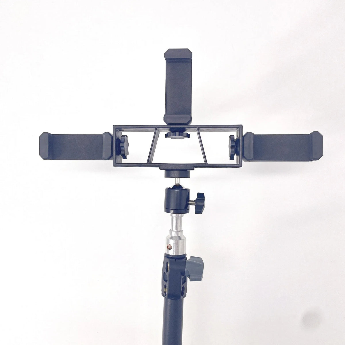 Black retractable mobile phone tripod with 1.1m, 1.6m, and 2.1m heights, metal ABS nylon build, 7kg load.