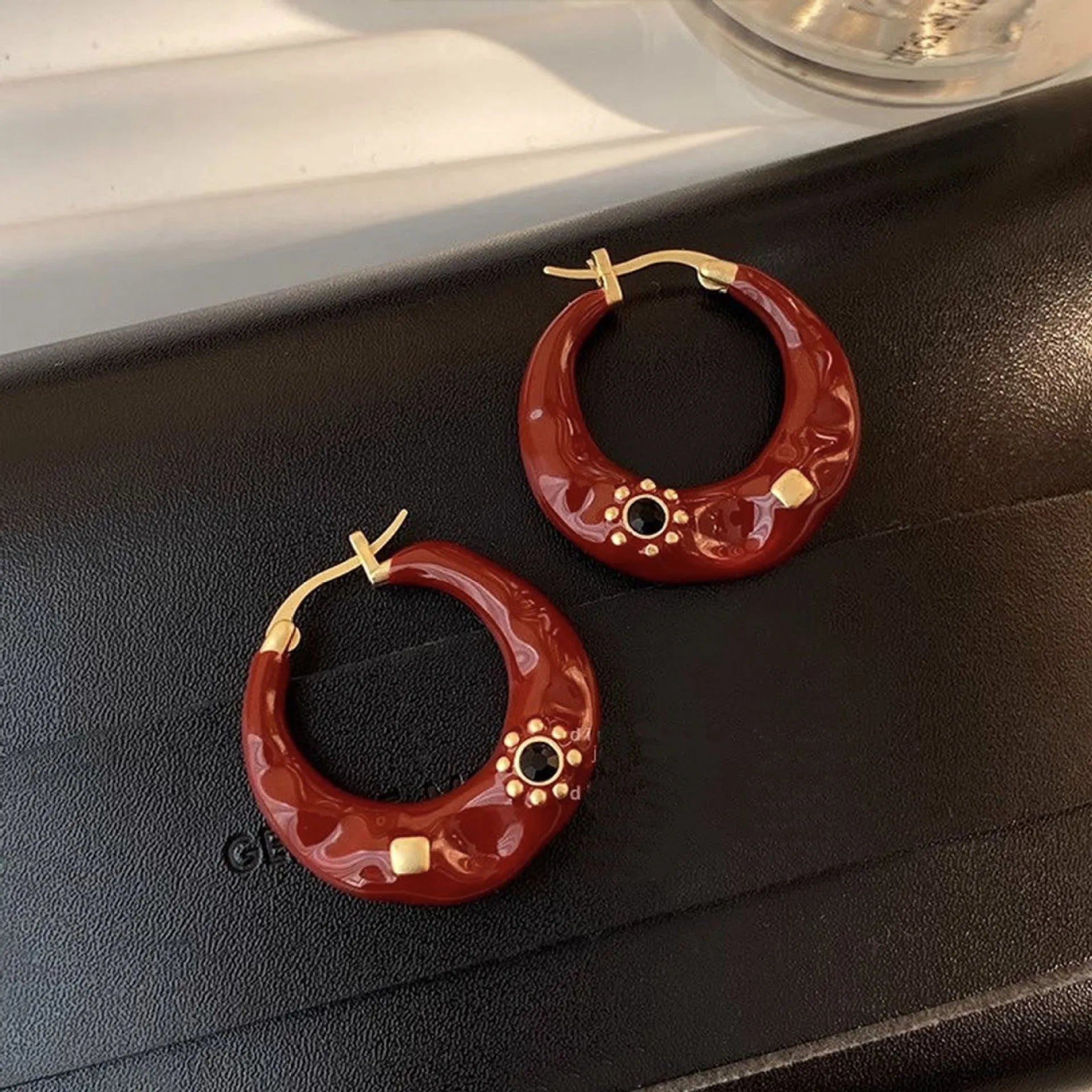 Retro Hong Kong style alloy ear studs with rhinestone inlay in black and red colour options