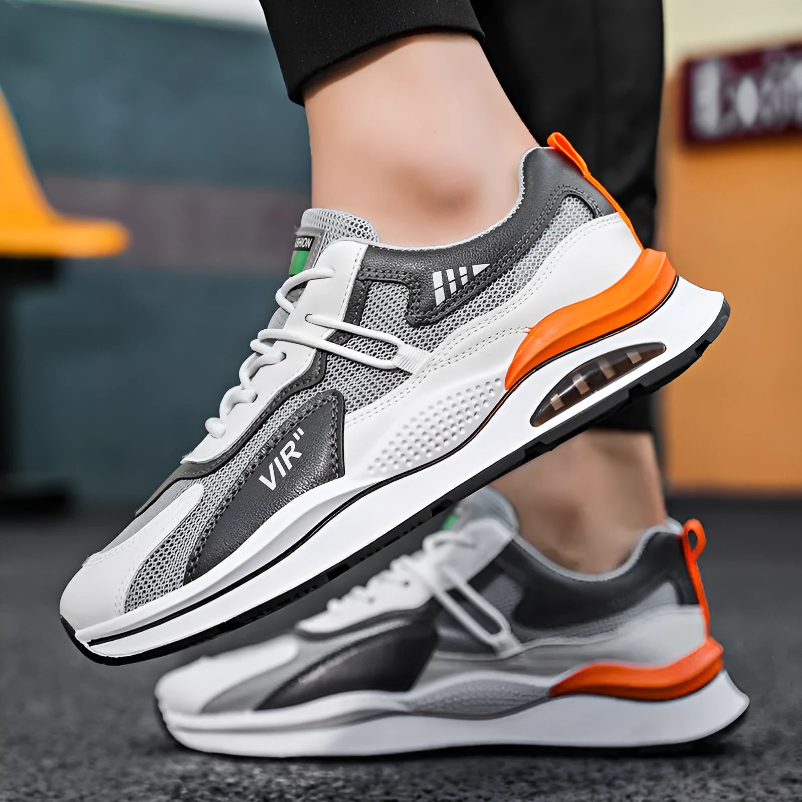Men's grey and black mesh running shoes with round toe and EVA sole