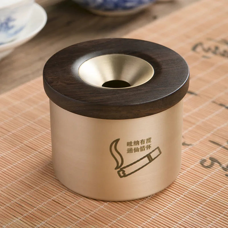 Retro brass ashtray with wooden lid in blackwood or rosewood option