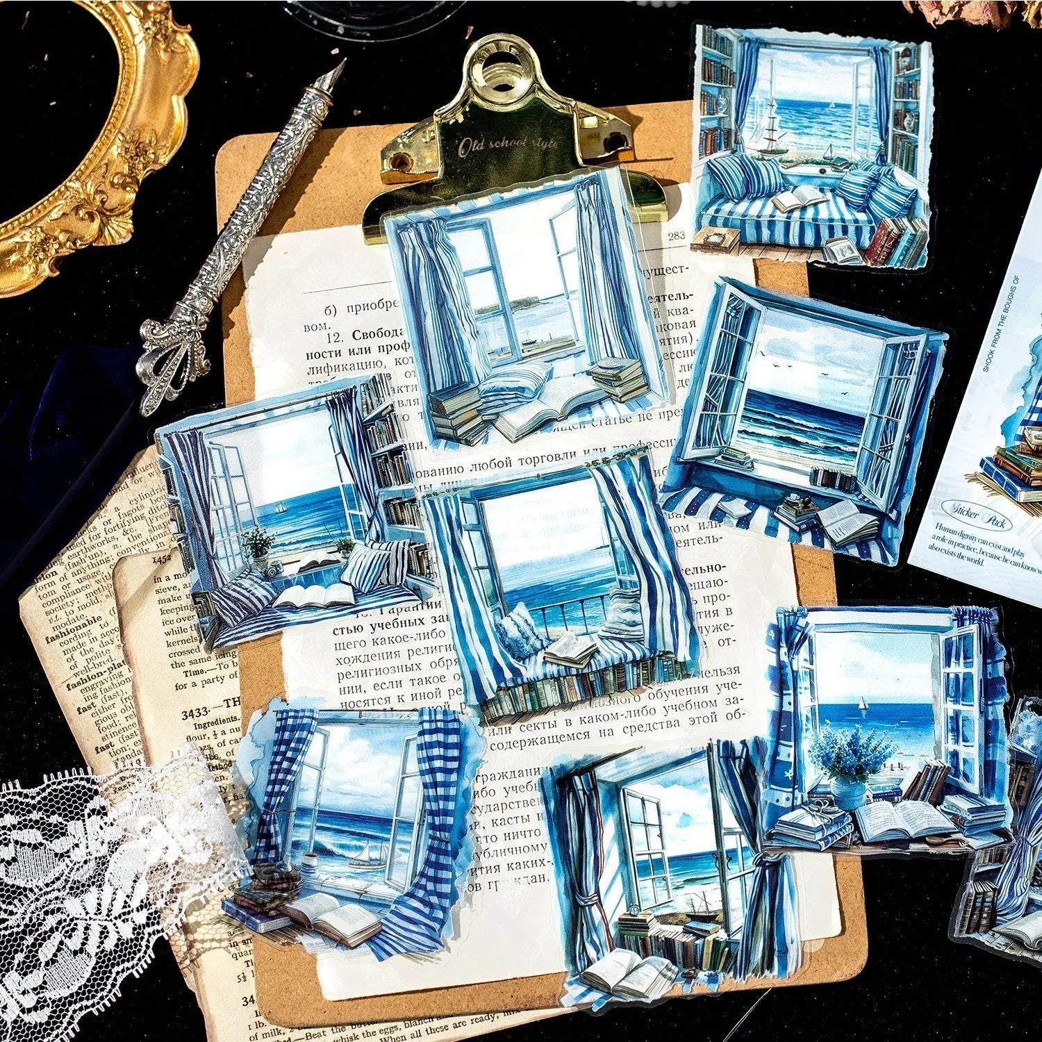 Retro style window-themed decorative stickers for journals in six colour variations
