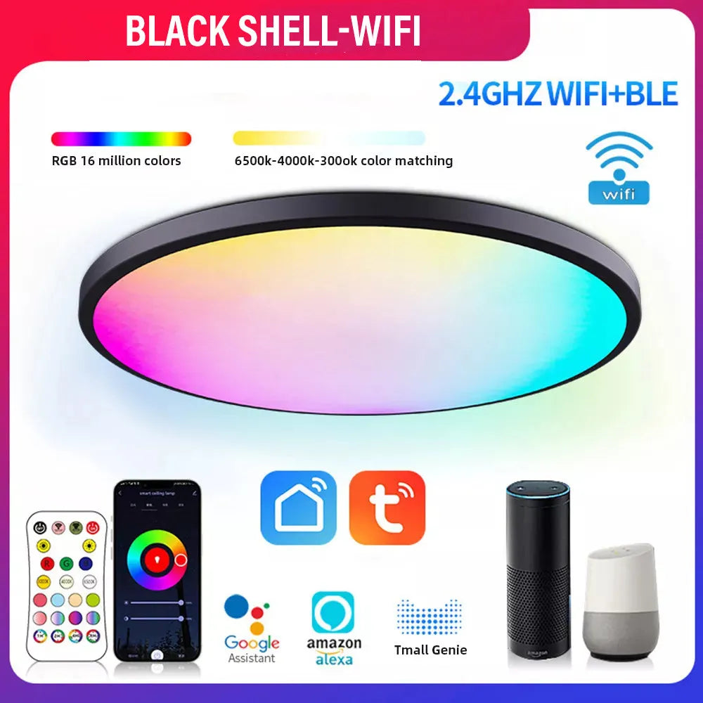 Black RGBCW Bluetooth smart ceiling lamp with full colour and dimming control, 300mm diameter.