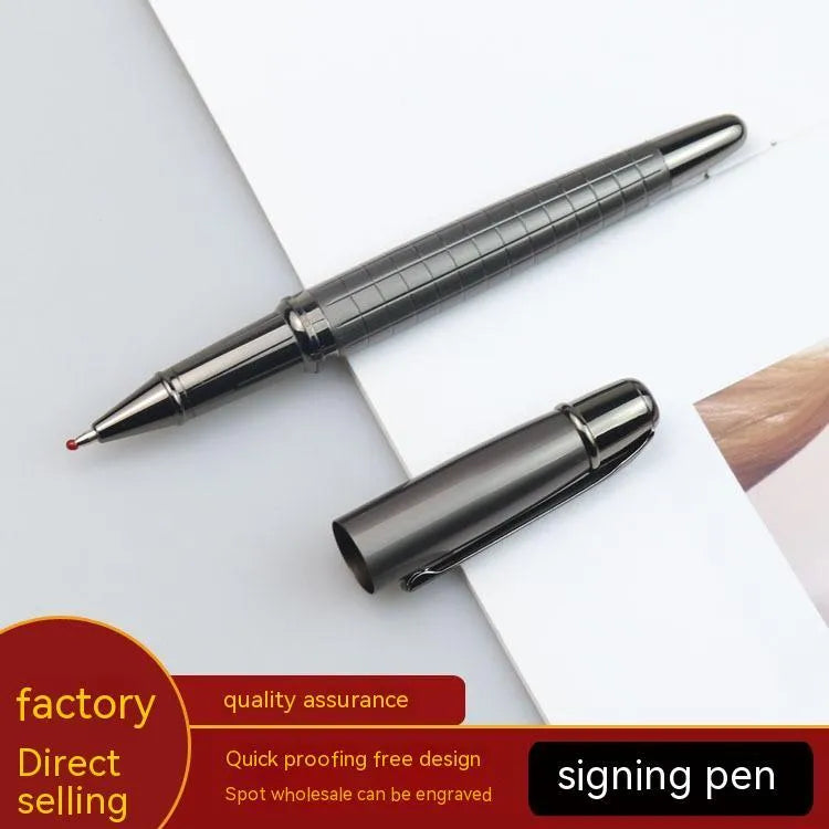 Gun grey metal roller pen showing 13.5cm length with black and blue refill options