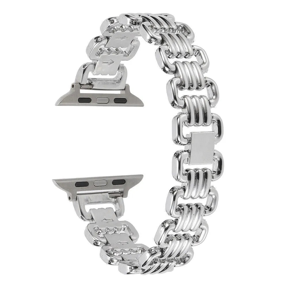 Alloy metal watch bracelet for Apple Watch in silver, black, gold, rose gold, and starlight colours on a white background